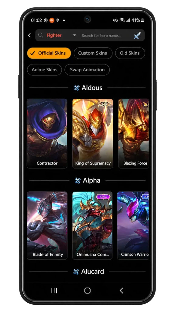 ZENHub GFX Official Skins tab showing fighter hero skins for Aldous and Alpha