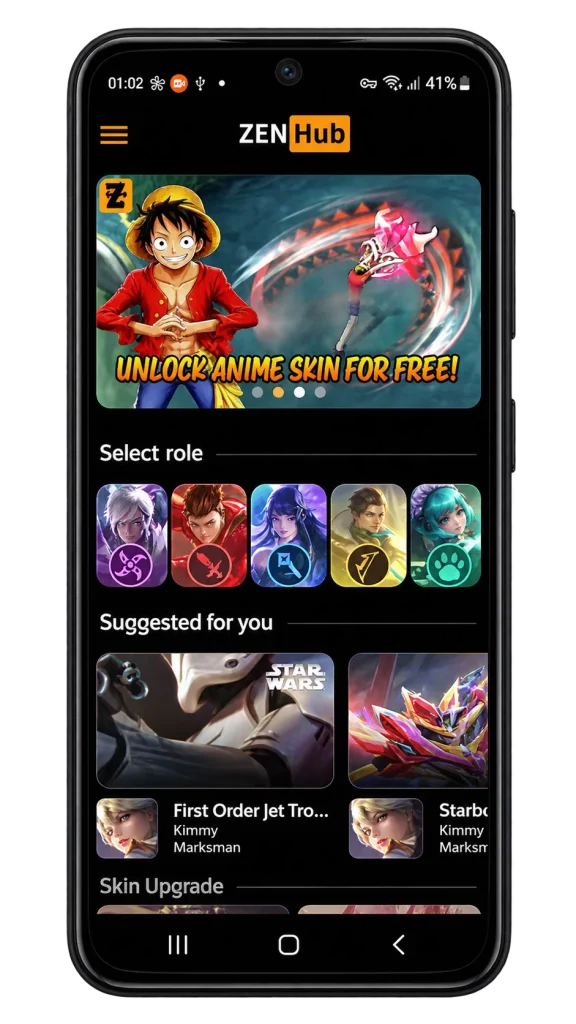 ZENHub GFX home screen with anime skin banner, role selection and suggested skins